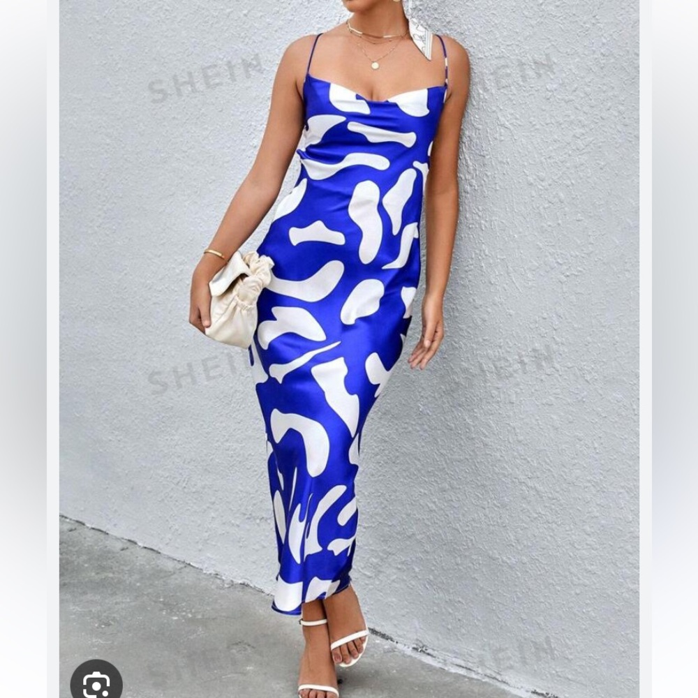 SHEIN Privé Allover Print Draped Collar Cami BLUE/WHITE Dress - Small!
